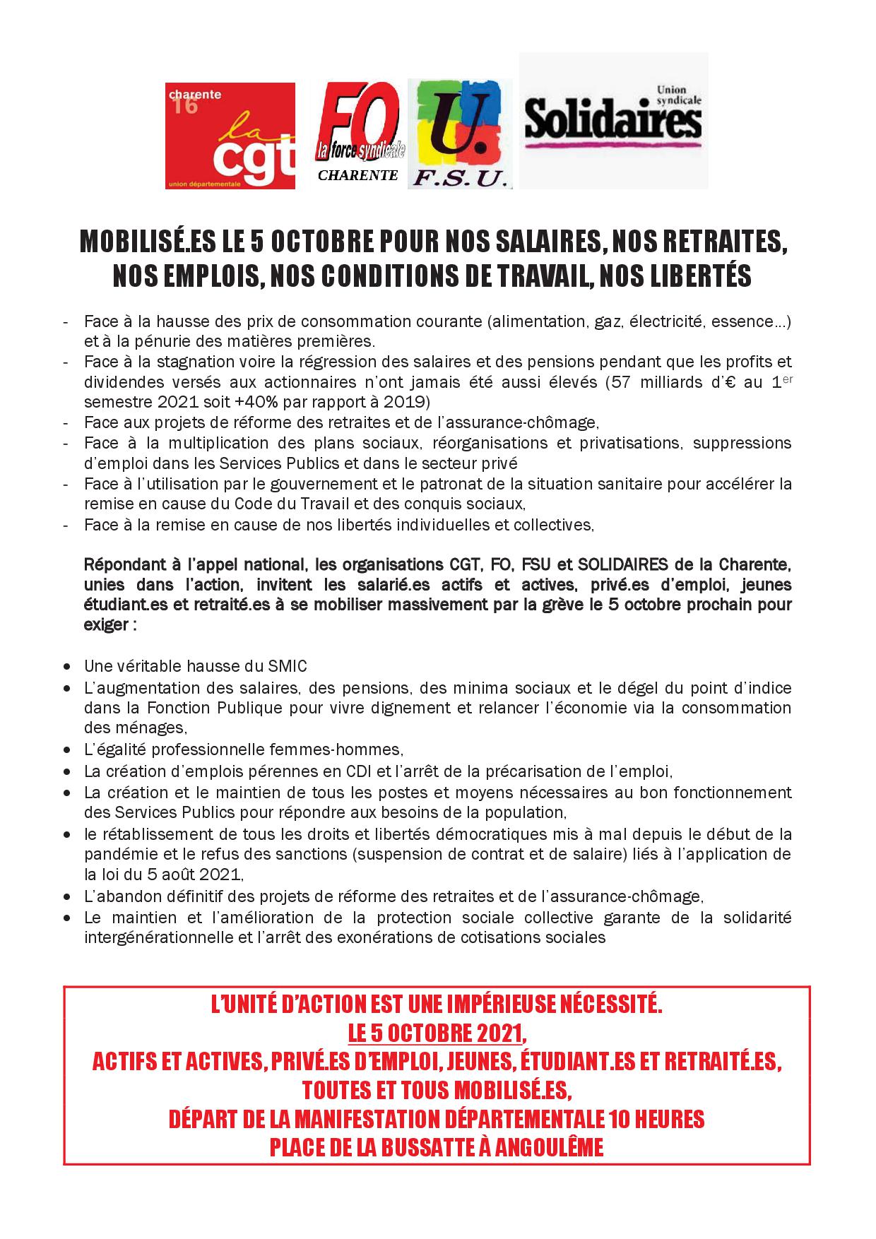 5 octobre Mobilisé e s pour nos salaires nos retraites nos emplois