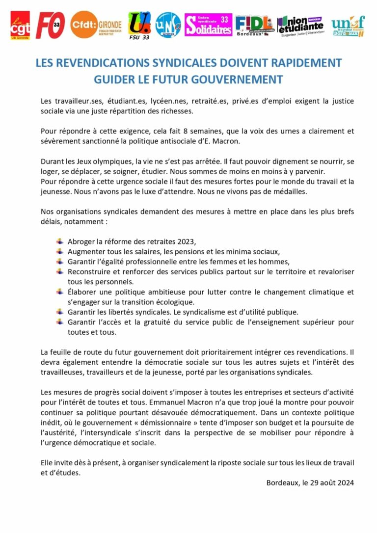 Communiqué intersyndical : Les revendications syndicales doivent rapidement guider le futur gouvernement 457373637_918746923627033_3337533770037148796_n-768x1086